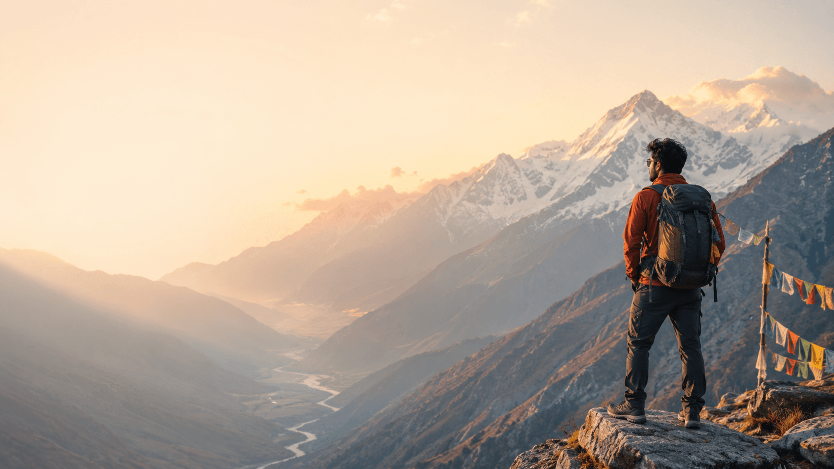 A cinematic wide shot of a traveler standing on a rocky outcrop overlooking a vast, misty mountain valley at sunrise.